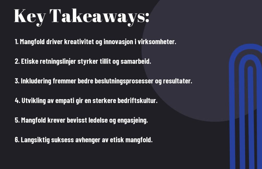 Lysbilde med tittelen "Key Takeaways" med seks kulepunkter på norsk, som utforsker betydningen av mangfold, innovasjon, inkludering, empati, lederskap og etisk mangfold for forretningssuksess. Har en mørk bakgrunn med en blå grafikk til høyre.