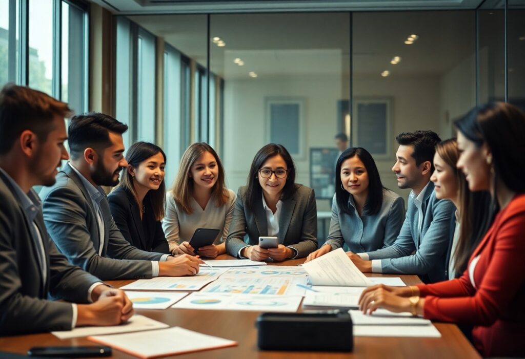 En gruppe mennesker i forretningsantrekk sitter rundt et konferansebord med dokumenter og diagrammer og diskuterer innovative strategier. Noen holder elektroniske enheter, og legger vekt på forretningsetikk. Rommets store vinduer fyller rommet med naturlig lys, inspirerende kreative løsninger.