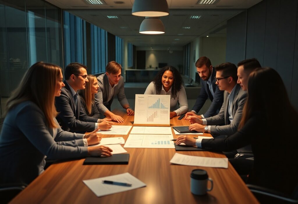 En mangfoldig gruppe fagfolk sitter rundt et konferansebord på et moderne kontor, engasjert i en diskusjon om innovasjon. En graf og papirer er spredt over bordet, med én person som peker på diagrammet. Rommet er godt opplyst med overlys.