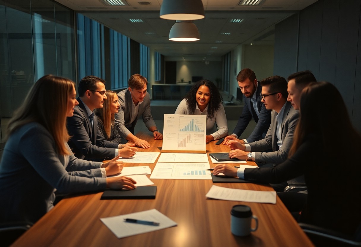 En mangfoldig gruppe fagfolk sitter rundt et konferansebord på et moderne kontor, engasjert i en diskusjon om innovasjon. En graf og papirer er spredt over bordet, med én person som peker på diagrammet. Rommet er godt opplyst med overlys.
