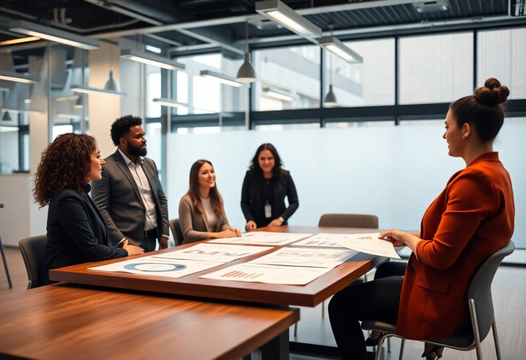 En gruppe på fem personer i forretningsantrekk, med fokus på inklusjon og likeverdige muligheter, sitter og står rundt et konferansebord. Åpne dokumenter og diagrammer dekker bordet. Med store vinduer og moderne belysning som lyser opp rommet er det én person som henvender seg entusiastisk til gruppen.