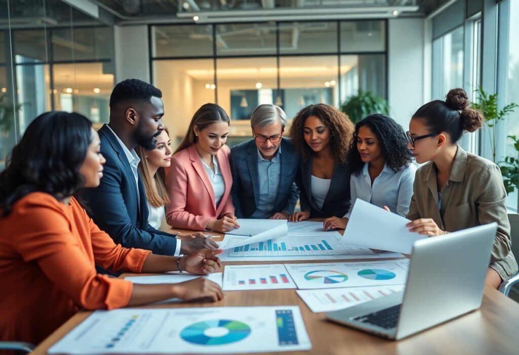 En mangfoldig gruppe forretningsfolk samles rundt et konferansebord på et moderne kontor, og analyserer diagrammer og grafer. Dokumenter og en bærbar datamaskin er spredt utover, noe som gjenspeiler deres fokus på å utvikle lederstrategier for å fremme inkludering og likeverdige muligheter under denne samarbeidende idédugnaden.